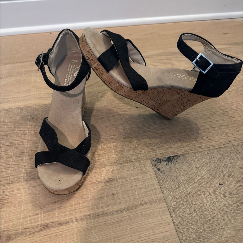 Toms Black and Tan Wedge Shoes with Adjustable Straps